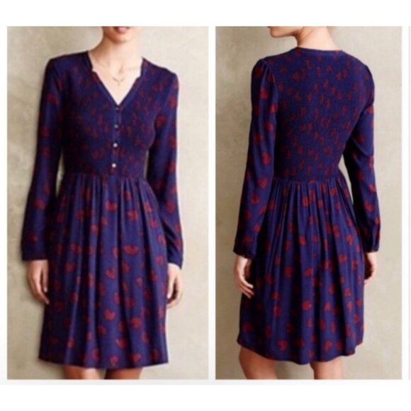 Anthropologie Maeve Women's XSmall Long Sleeve Smocked Heart Mini Dress - Picture 1 of 11